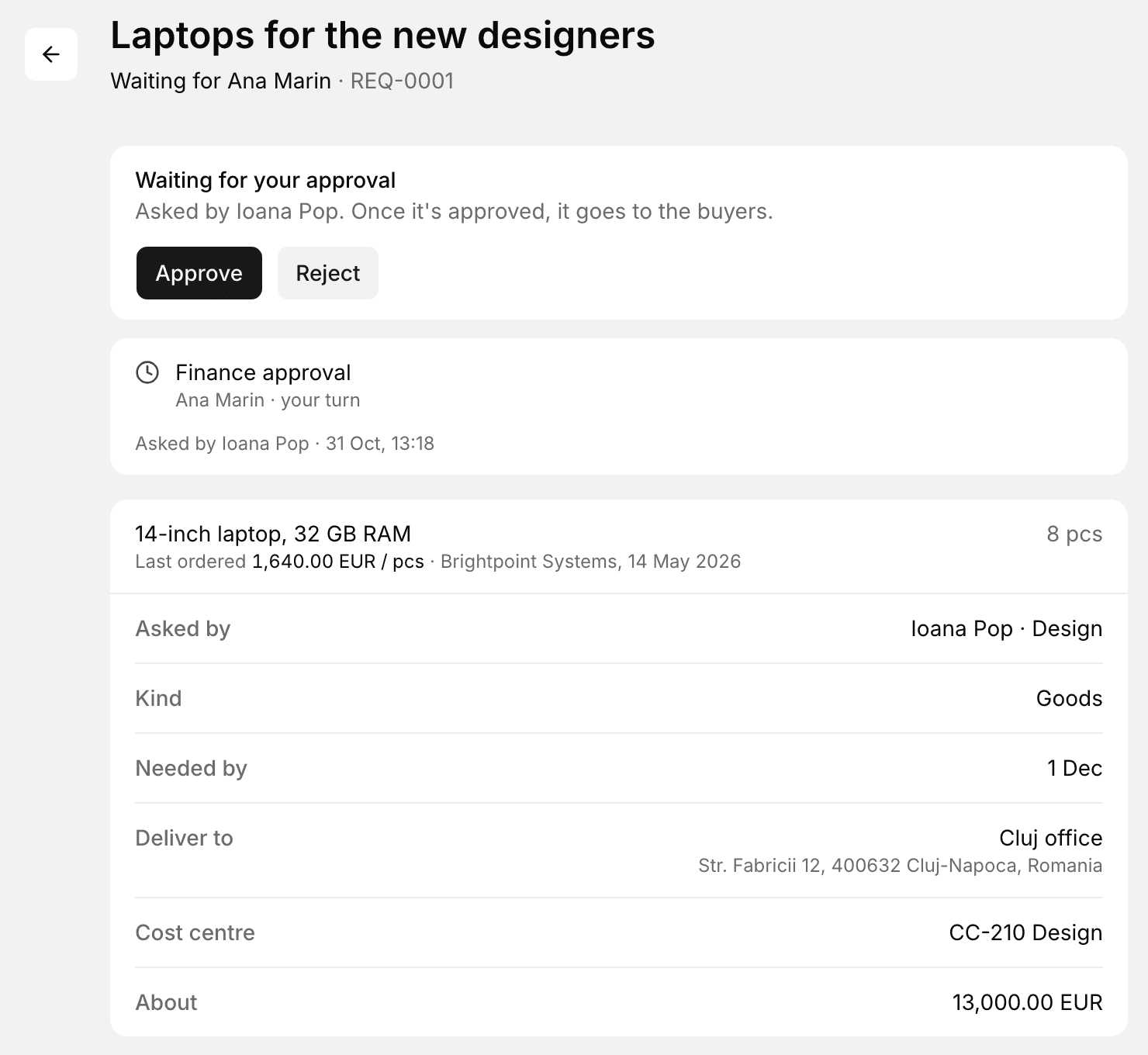 A request for 8 laptops waiting for Finance approval, with the last price paid for the item
