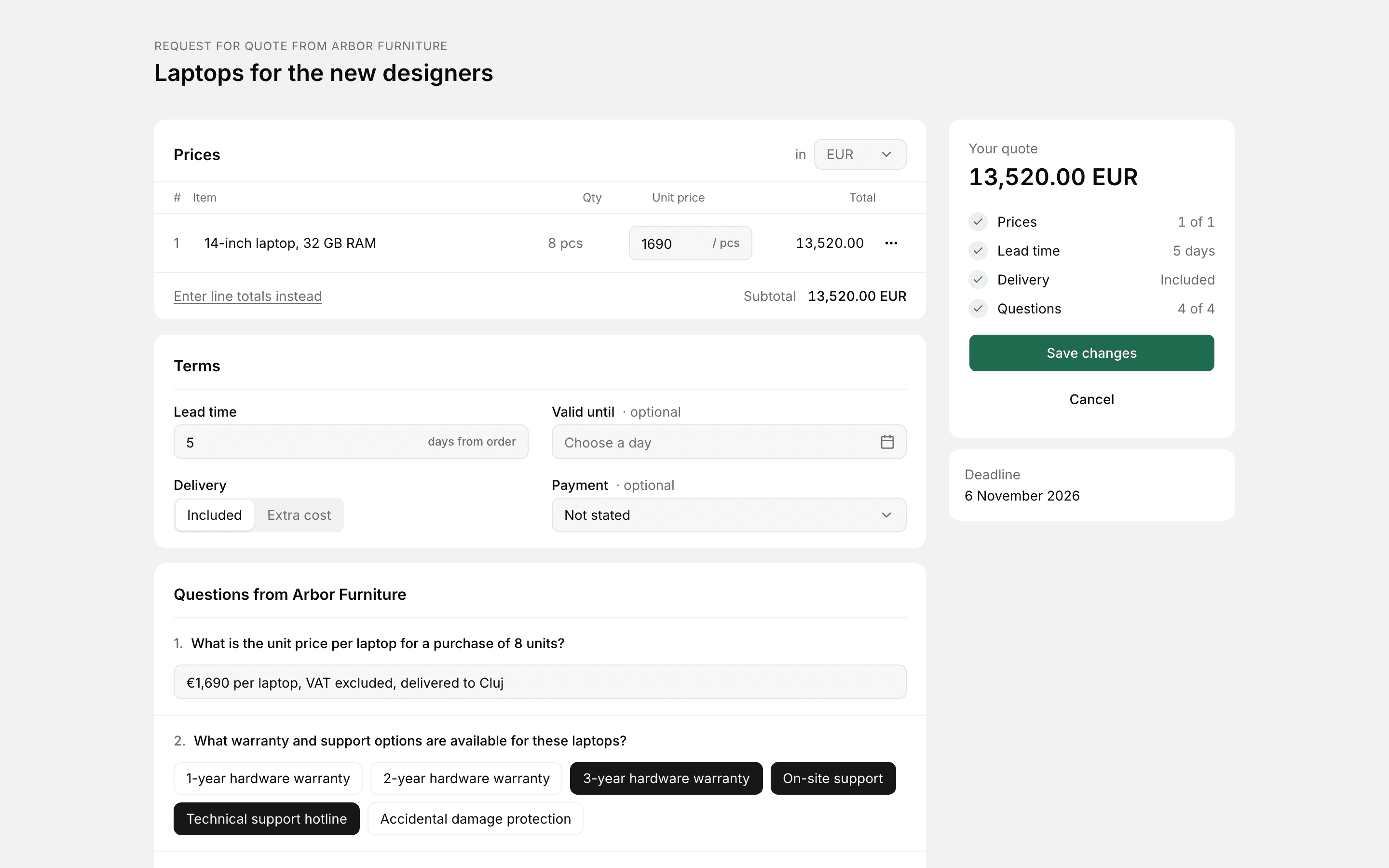 The supplier's quote page: prices, terms and answers to the buyer's questions, with no login