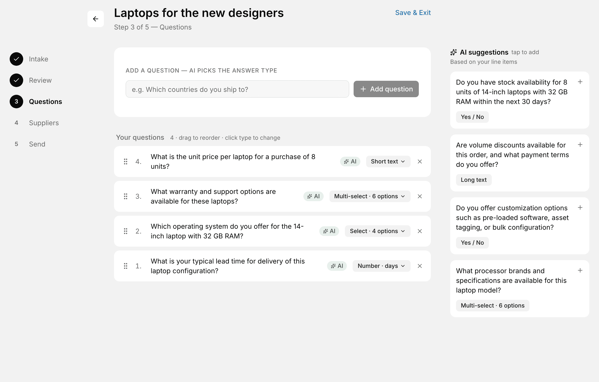 The questions step of a new RFQ, with questions suggested by AI for 14-inch laptops